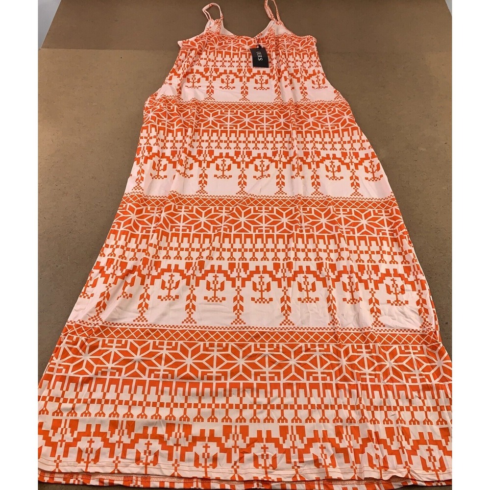 OURS Women's Size Large Orange Printed V Neck Sleeveless Pocketed Maxi Dress NWT